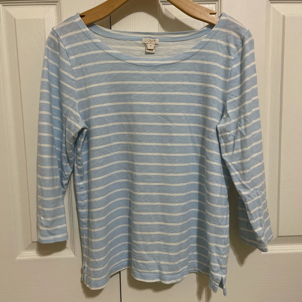 J Crew Boatneck white and blue striped shirt